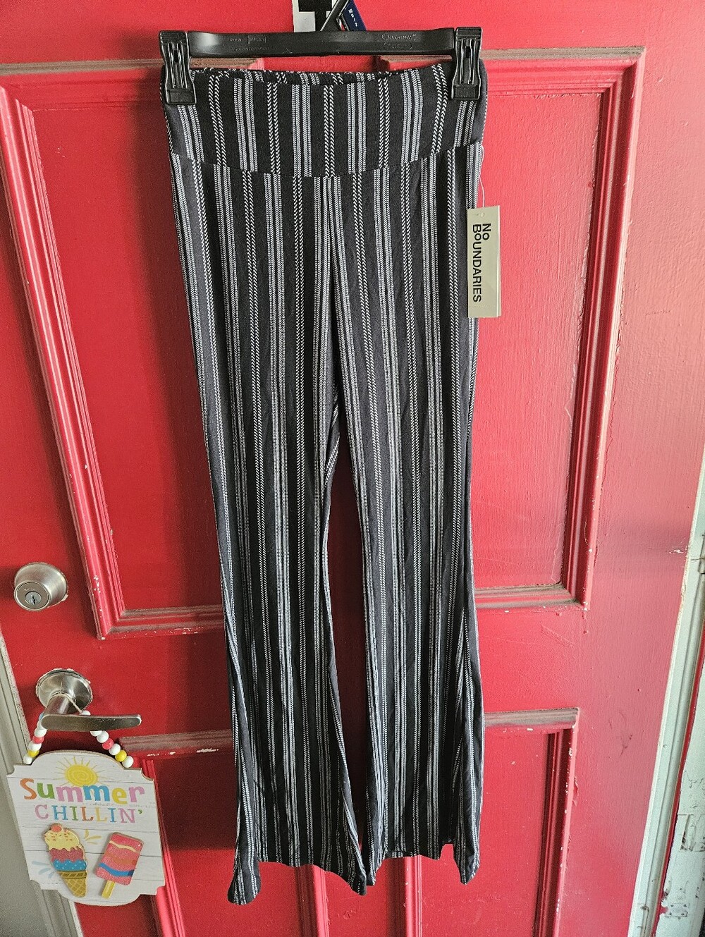 No Boundaries Black & White Vertical Stripe Wide-Leg Yoga Pants